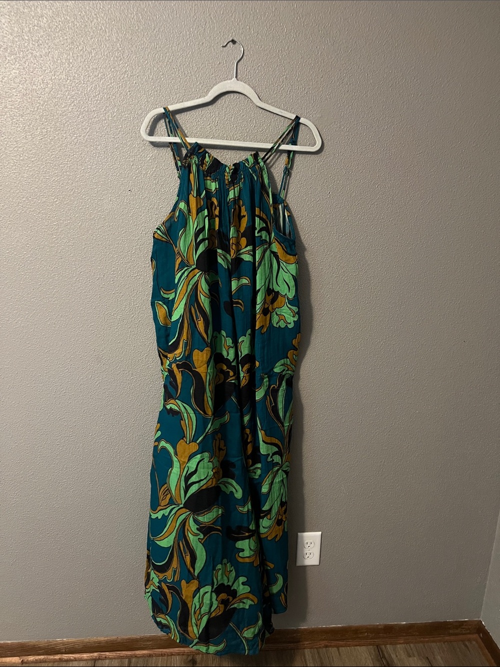 Anthropologie Teal, Green & Black Floral Wide-Leg Jumpsuit - Picture 2 of 4